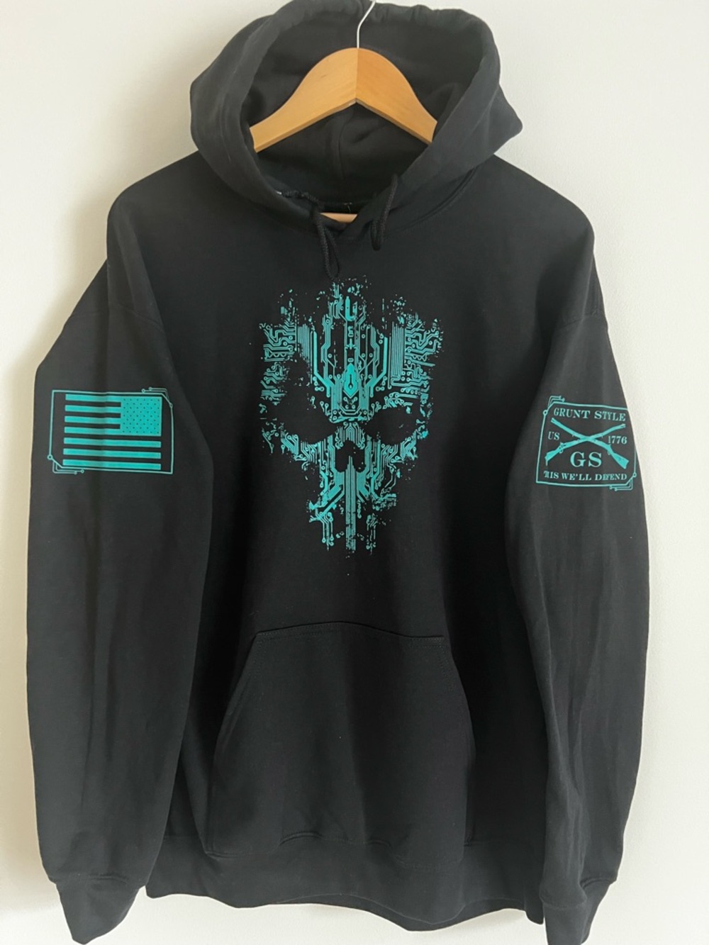 Grunt Style Black Hoodie with Green Reaper Skull Design, Men’s Large, NWT